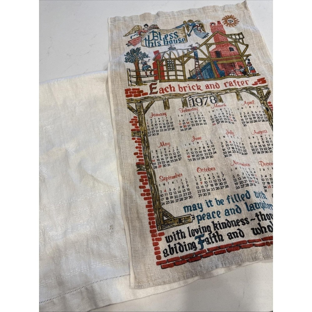 VTG Linen Tea Towels Calendar 1978 Folk Art &β 1 Solid Cream Brocade Floral